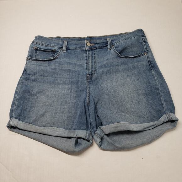 Levis Denim Jean Shorts Womens 32 Blue 5" Medium Wash High Rise Stretch Cuffed - Picture 1 of 16